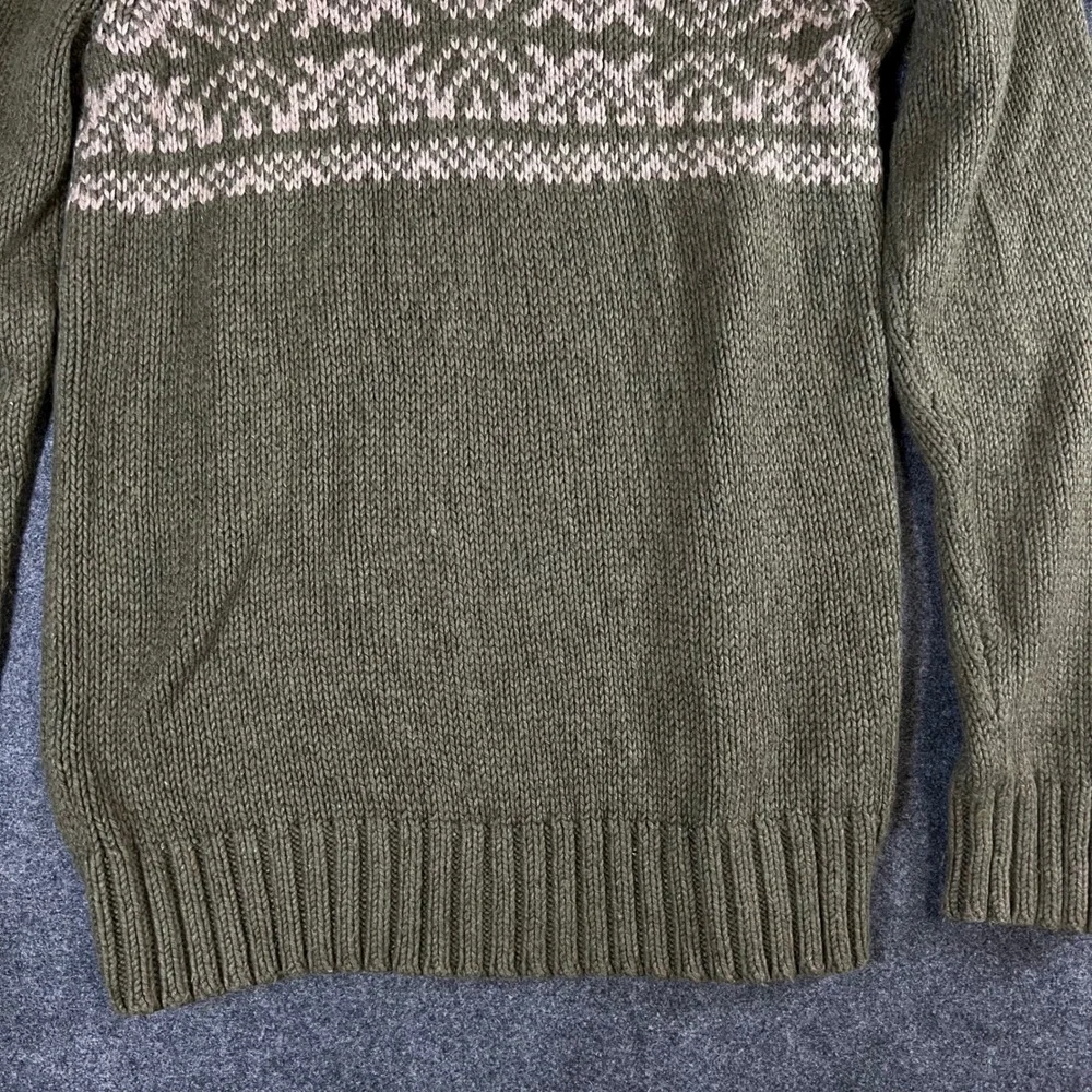 Fossil Mens Olive Green Fair Isle Mock Neck Button Sweater Large Cotton Angora